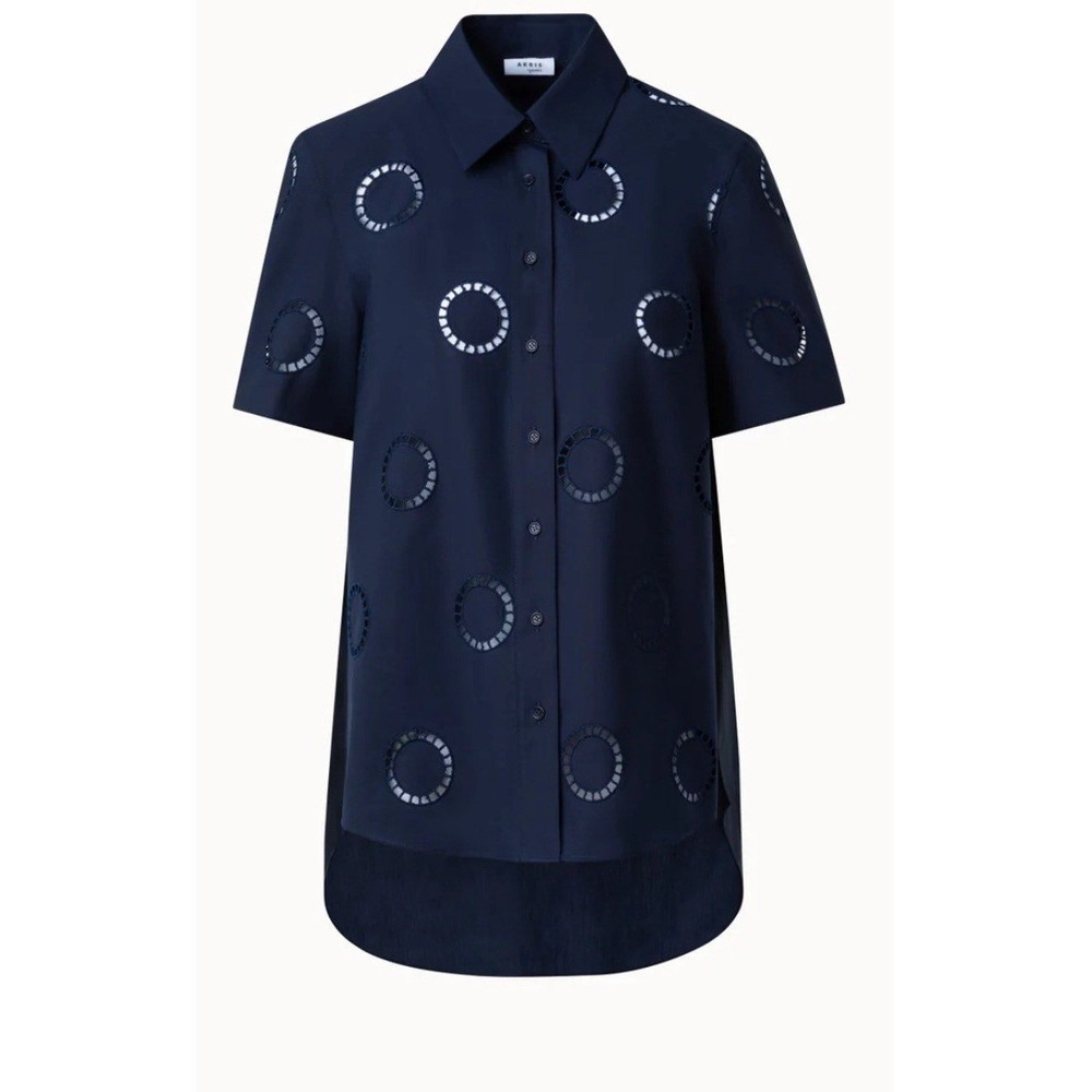 Akris Cotton Blouse with Circle Embroidery Blouse Button Down Tee Shirt 4 $695 - Picture 1 of 8